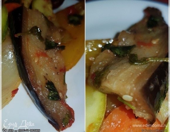 Баклажаны. Вот тут приятное удивление. В отличии от баклажанов, которые готовятся на углях, очень сочные и такие нежные. Сохранили всю свою синюю сущность. Очень интересный вкус получился.