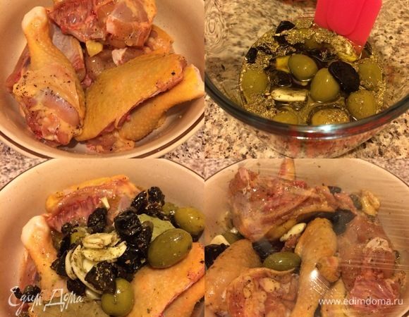 Курицу натереть солью и перцем. В миске смешать все для маринада: вино, уксус, лавровый лист, чернослив, оливки, оливковое масло, орегано и перемешать. Залить маринадом курицу, перемешать, затянуть миску пленкой и отправить в холодильник на ночь.