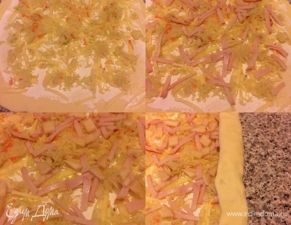 Затем разложить капусту, ветчину и груши. Аккуратно свернуть в рулет.