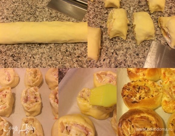 Рулет нарезать на булочки. Булочки сложить в форму, накрыть пленкой и отправить в теплое место на 1,5–2 часа. Желток смешать с молоком. Духовку нагреть до 180°С. Спустя указанное время смазать булочки желтком и отправить в духовку на 25–35 минут.
