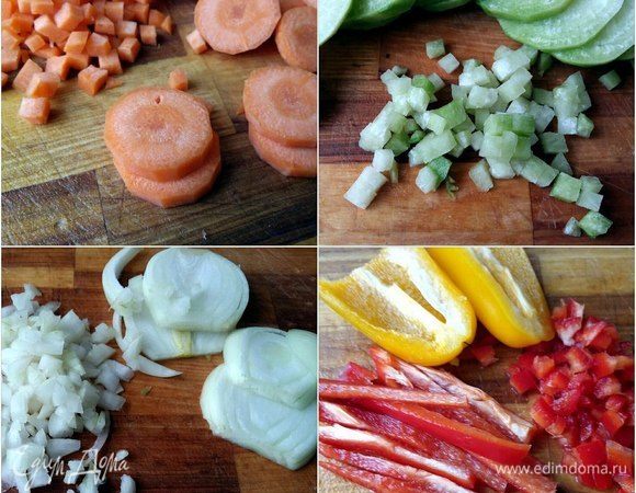Все овощи почистить, лук, морковь, редьку, болгарский перец нарезать кубиками по 0,5х0,5 см. Нарезка займет у вас немало времени, у меня ушло на нарезку овощей и мяса 40 минут, т.к. старалась нарезать одинаковые кубики.