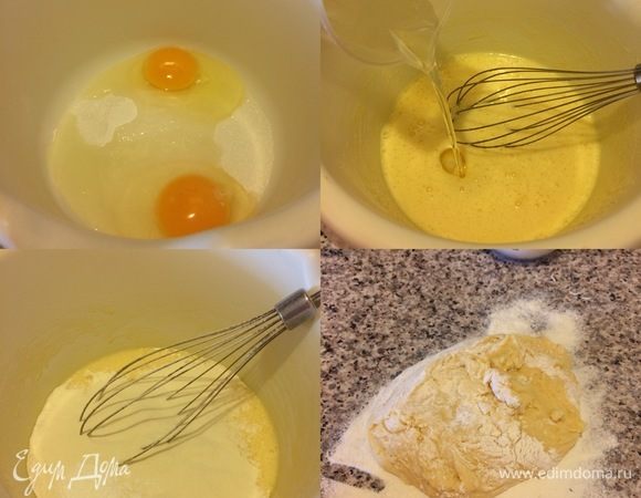 Духовку нагреть до 180°С. В миске взбить венчиком: сахар, яйца и ванильный сахар. Добавить масло, соль и еще раз взбить. Муку просеять с разрыхлителем. Начать постепенно добавлять муку.