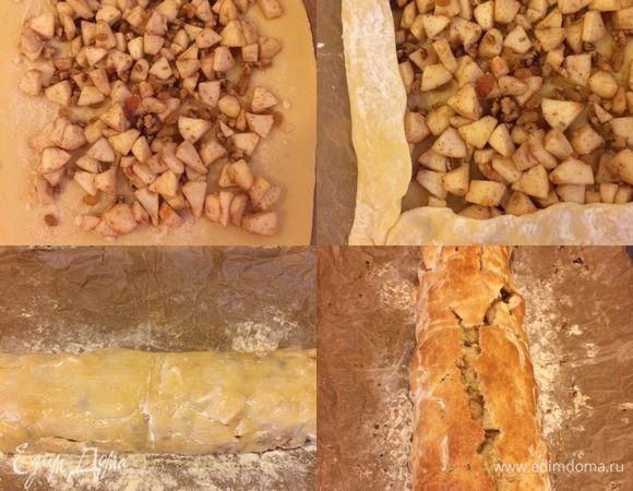 Затем выложить начинку из яблок и начать при помощи бумаги для выпечки очень аккуратно сворачивать тесто в рулет. Это делать немного сложно так как тесто очень нежное, но мы же девочки, мы не сдаемся. Перенести рулет на противень, смазать молоком, посыпать сахаром и выпекать 40–45 минут.