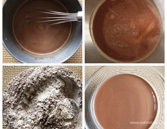 Часть молока нагреть в ковшике, всыпать туда рубленый шоколад, перемешать до его полного расплавления. Влить оставшееся молоко, добавить яйца, ванильный сахар, сахар, все взбить.
Муку, соль и какао смешать, просеять и добавить жидкие ингредиенты. Тщательно перемешиваем до получения жидкого однородного теста. Оставляем тесто на пару часов отдыхать.