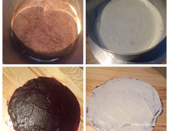 Сборка торта.
Я собирала в кольце, предварительно проложив ацетатную пленку.
Укладываем на дно формы блин, смазываем его творожным кремом. Сверху кладем другой блин и т.д. В середине торта я сделала прослойку из смородинового конфи, щедро нанеся его поверх крема и далее продолжила сборку торта, чередуя блины, промазанные только кремом. Оставшимся конфи я смазала 3 блина, свернула их в трубочку. Взбитым ганашем я промазала 2 блина и также свернула в трубочку. 