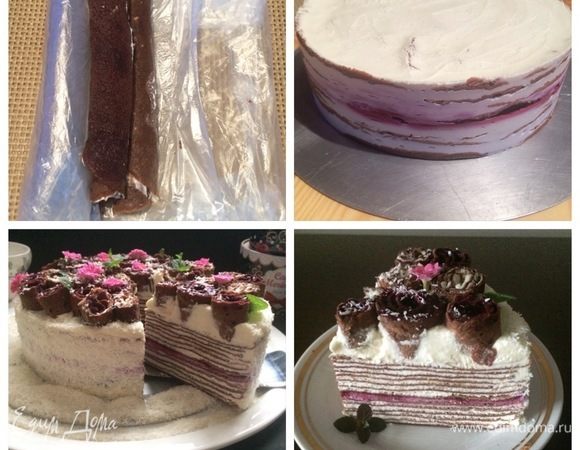 Обернула блины в пленку и отправила в морозилку, чтобы немного подмерзли. Так было проще нарезать блины для украшения торта.
Если торт не украшать, смело можно все конфи использовать в прослойку торта, тогда это будет несколько слоев с конфи (по желанию). Собранный торт, отправляем в холодильник часов на 6.
Вынимаем торт из кольца, покрываем поверхность и бока торта взбитым ганашем и украшаем нарезанными блинами, которые имитируют цветы. 