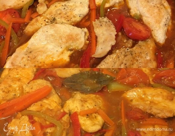 Добавить грудки и тушить 10–20 минут, периодически помешивая.