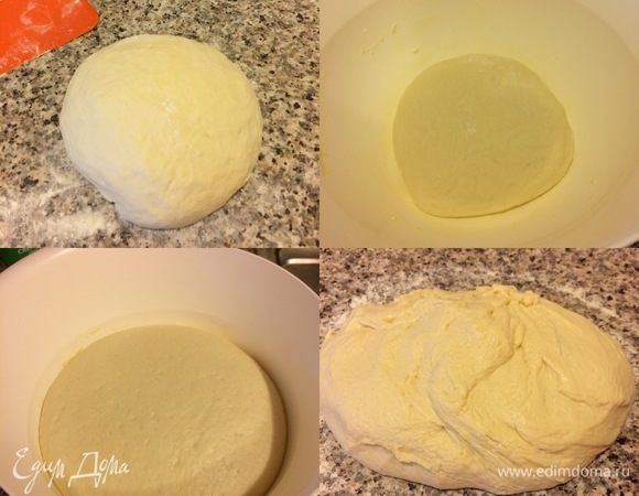 Месить надо минут 5–7, мы должны получить нежное тесто, которое почти не липнет к рукам. Миску смазать маслом, положить тесто, затянуть пленкой и отправить в теплое место на 1–1,30 часа, тесто должно увеличиться в 1,5–2 раза. Спустя указанное время рабочую поверхность посыпать мукой, переложить тесто.