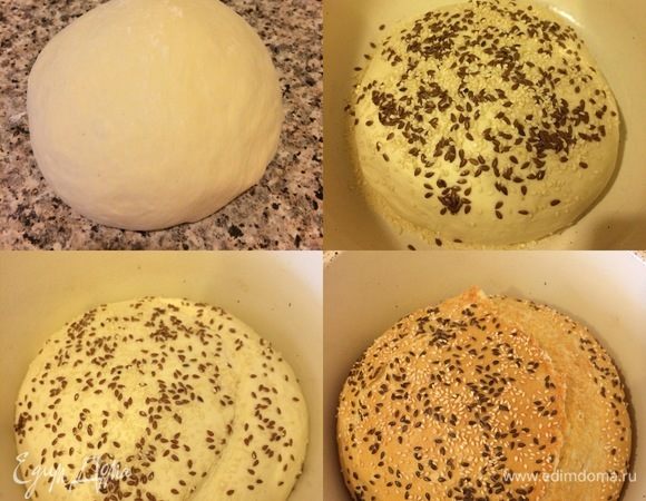 Обмять и сформировать шар. Форму для хлеба смазать маслом, посыпать манкой, переложить хлеб в форму, сбрызнуть водой, посыпать семенами, накрыть крышкой и отправить в теплое место еще на 45 минут. Спустя указанное время на хлебе сделать надрез, накрыть крышкой  и отправить в холодную духовку!