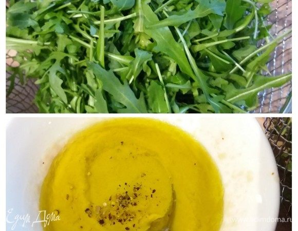 Руколу помыть и обсушить. Я делала салат 2 раза и во второй раз использовала руколу и молодой шпинат. Сделать соус из указанных ингредиентов. 