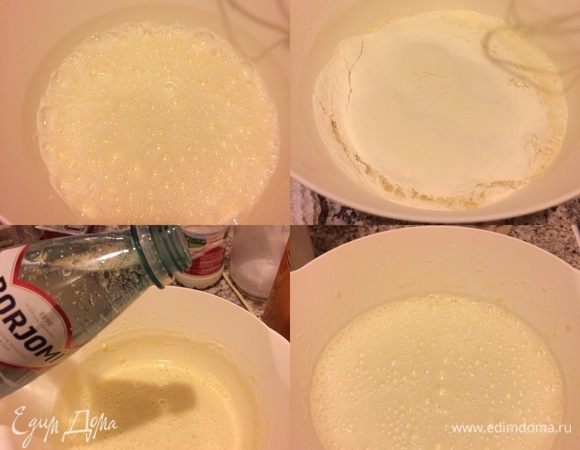 В миске хорошо взбить яйцо, сахар, ванильный сахар и молоко. Просеять муку с солью, добавить в тесто и еще раз хорошо взбить. Затем добавить газированную минеральную воду, еще раз взбить. В конце добавить масло, перемешать, накрыть миску пленкой и дать тесту постоять 20–30 минут. Тесто будет довольно жидким, не пугайтесь, так и должно быть.