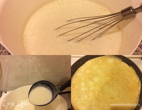 Спустя указанное время перемешать тесто венчиком. Сковороду для блинов хорошо нагреть, смазать маслом и жарить блины по 2 минуты с каждой стороны.