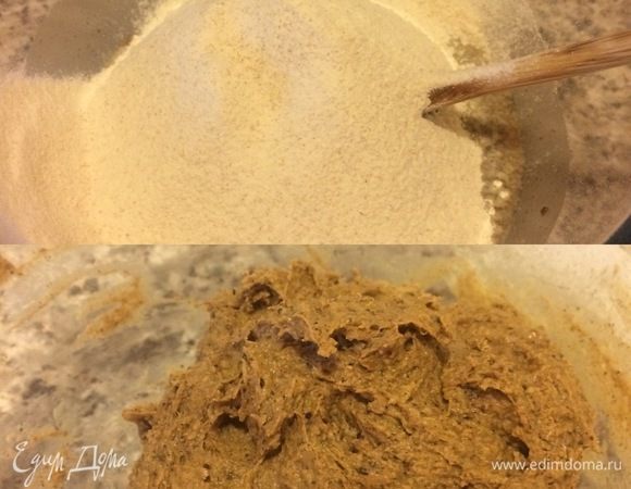 Затем добавляем 210 г муки и все очень хорошо перемешиваем ложкой. Затягиваем миску пленкой, накрываем полотенцем и ставим в теплое место 23–25°С на 6 часов. Опара должна увеличиться в 2,5–3 раза. 