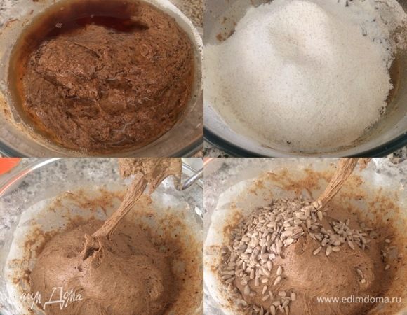 В опару добавить теплую медовую воду, оставшуюся муку 215 г и перемешать все хорошо миксером, сначала на низкой скорости 2–3 минуты, затем на средней или высокой (все зависит от мощности вашего миксера) еще 5 минут. Затем добавить семечки и еще раз перемешать миксером. 