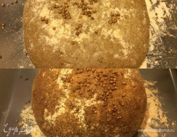 Духовку нагреть до 220°С. Перед выпечкой сбрызнуть хлеб водой, посыпать семенами кориандра и выпекать 15–20 минут с паром, затем уменьшить до 200°С и выпекать еще 25–35 минут.