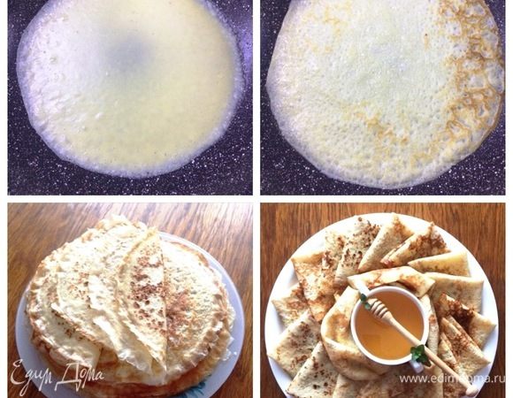 Утром достала тесто, тщательно перемешать. Смазать сковородку растительным маслом и хорошо ее накалить. Выпекаем блины с двух сторон.