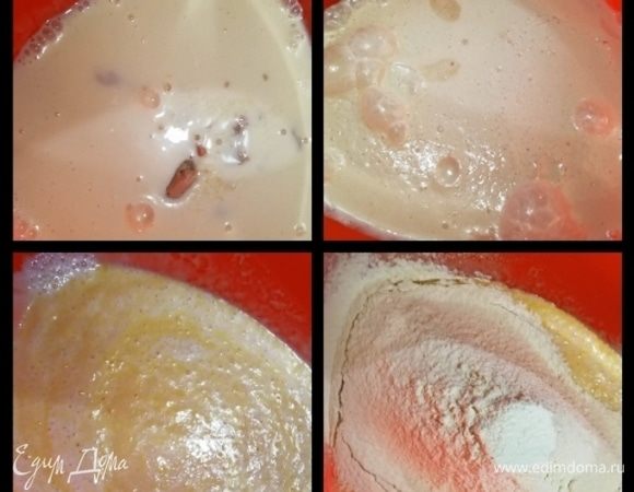 Готовим тесто. В подогретый кефир добавьте 1 ст. л. сахара и раскрошите дрожжи. Перемешайте и оставьте на 10 минут, чтобы дрожжи активировались. Затем добавьте оставшийся сахар, соль, яйцо и растопленное сливочное масло. Перемешайте и добавьте просеянную муку. Муку добавляйте частями, т.к. вам ее может понадобиться чуть больше или чуть меньше, в зависимости от ее свойств.