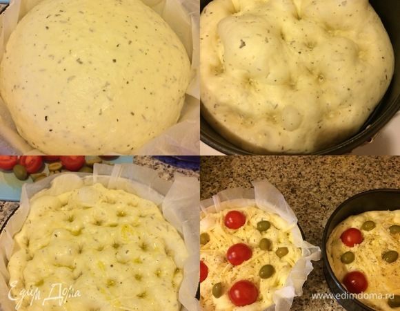 Каждый кусочек теста обмять, сформировать из него шар, положить в форму, затянуть пленкой и поставить в теплое место еще на 45 минут. Пока тесто отдыхает, нагреваем духовку до 220°С. Спустя 45 минут пальцами делаем углубления в тесте, поливаем оливковым маслом, посыпаем солью, орегано и пармезаном. Сверху выкладываем оливки и и черри.