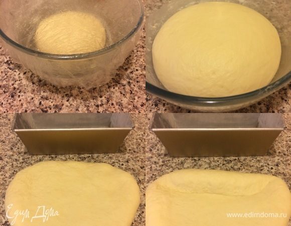 Миску смазать растительным маслом, положить тесто, накрыть пленкой и поставить в теплое место на 1,5 часа. Спустя 1,5 часа мое тесто отлично поднялось. Так как в Тбилиси купить форму «Pain de mie» нереально, я решила печь в обычной фоме «кирпич»  и накрыть хлеб фольгой. Итак, форму смазываем растительным маслом и присыпаем мукой. Тесто раскатать, свернуть и сформировать хлеб.