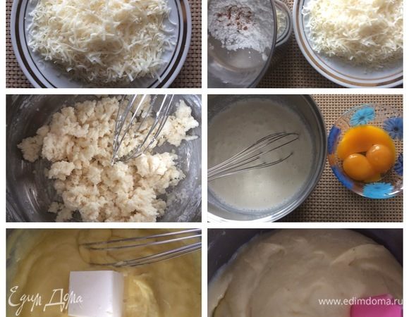 Пока тесто для корзинок «отдыхает», можно приготовить заварной крем с пармезаном.
Смешать в сотейнике тертый сыр, крахмал, соль, мускатный орех. Добавить сливки и все тщательно перемешать. Молоко отдельно нагреть и влить в нашу сливочно-сырную смесь. Поставить на огонь и варить, постоянно мешая, до загустения. Добавить яичные желтки, интенсивно перемешать и варить около минуты. Снять с огня, добавить масло, перемешать. Охладить крем. 