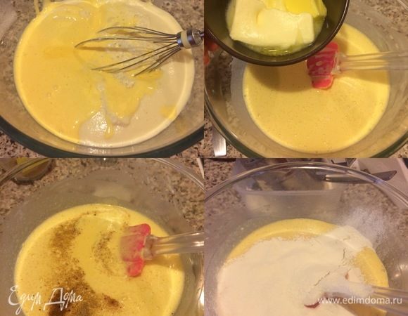 Ввести желтки в опару и перемешать венчиком. Затем добавить масло комнатной t° и еще раз хорошо перемешать венчиком. Муку просеять. Добавить в опару специи, соль, муку и хорошо все перемешать (можно это делать ложкой, а можно руками, но для рук это тесто слишком липкое).