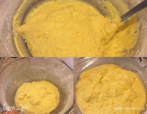 Замесить тесто (тесто получается липкое). Накрыть миску пленкой и поставить в теплое место 23-25°С на 1,5-2 часа. Тесто должно увеличиться в 2-2,5 раза.