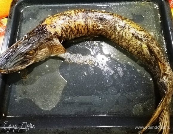 Запекайте щуку в такой последовательности: 10 минут на нижнем уровне, 20 минут на среднем и 10 минут на верхнем уровне. Температура духовки 180°С.