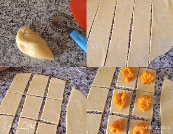 Спустя 30 минут посыпать рабочую поверхность мукой, отрезать небольшой кусочек теста и тонко раскатать. Затем вырезать меленькие квадратики и разложить на них небольшое количество начинки. 