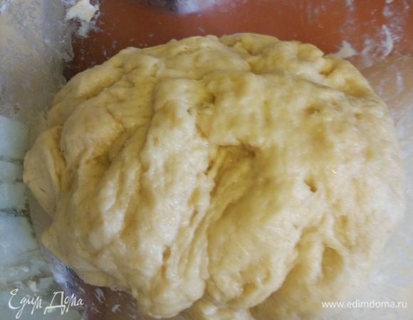 Через 15 минут смешать все ингредиенты для теста, ванилин на кончике ножа и дать тесту подойти. Через 30 минут обмять тесто. Снова поставить в теплое место.