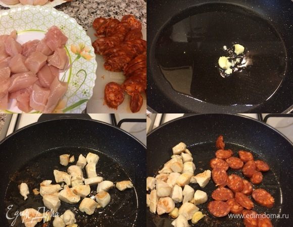 Грудку и чоризо крупно нарезать. В сковороде с толстым дном разогреть оливковое масло, добавить один раздавленный зубчик чеснока, подождать, пока чеснок даст аромат, и добавить курицу, обжарить пару минут со всех сторон, затем добавить чоризо и жарить вместе еще пару минут.