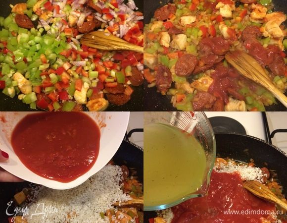 Овощи нарезать кубиками, добавить к курице и чоризо, перемешать и тушить 2 минутки. Затем добавить пассату, вино, подождать, пока выпарится алкоголь, и добавить рис, помидоры, бульон и перемешать.