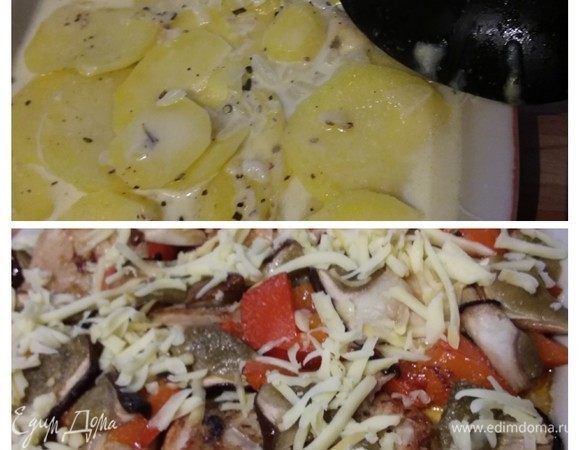 Духовку разогреть до 200°С. В форму для запекания выложить картофель вместе с бульоном, в котором он варился. Жидкость должна покрывать картофель, если необходимо, долить сливки.  На картошку выложить грибы и кусочки курицы. Посыпать оставшимся сыром. 