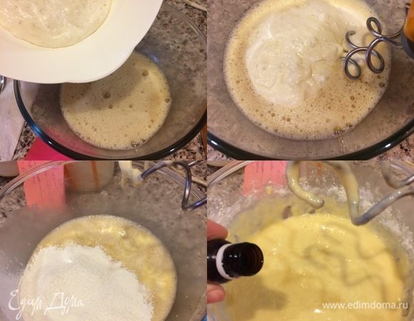 Потом добавить весь стартер и перемешать миксером. Муку просеять. В тесто добавить соль и начать постепенно добавлять муку, после каждого раза хорошо перемешивая массу миксером. На этом этапе я добавила миндальную эссенцию.