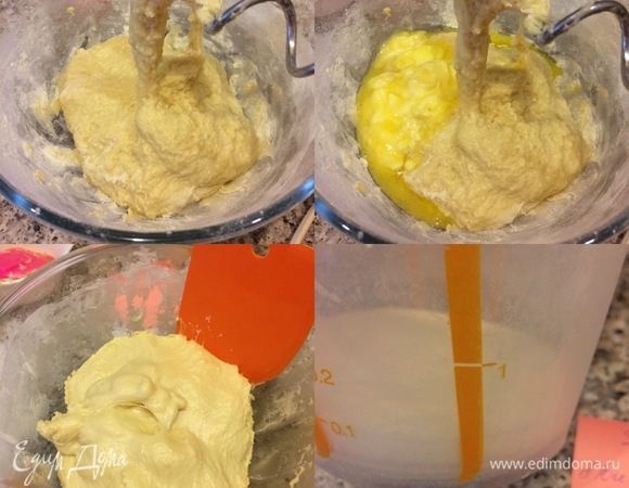Замешиваем довольно липкое тесто (по рецепту шло 2 1/4 стакана муки, но у меня ушло 2 стакана, поэтому смотрите сами по своей муке), в конце замеса добавляем очень мягкое масло и хорошо все перемешиваем миксером сначала на средней скорости минут 5, а затем на высокой еще минут 5. Затем затягиваем миску пленкой и отправляем в теплое место 23–25°С на 1,5–2 часа. В мерном стакане видно, сколько у меня осталось лишней муки.