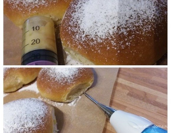 Для того, чтобы начинить булочки-пончики понадобится кулинарный мешок и/или медицинский большой шприц. Джем возможно придется подогреть, чтобы он стал более жидким, а пудинг немного охладить, чтобы он стал плотнее. Начинять нужно с двух противоположных сторон. 