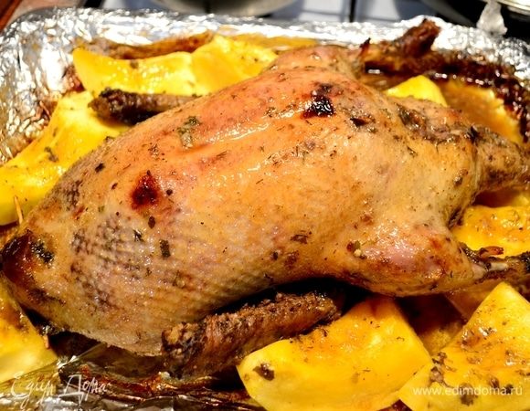 Через 2 часа утку смазать медом, добавить на противень кусочки тыквы и больше не накрывать фольгой, дать подрумяниться 30 мин., периодически поливая соусом от утки.