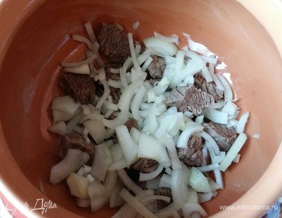 На дно горшочка положить мясо. Добавить нарезанный лук.