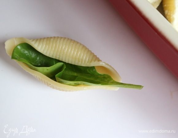 В каждую ракушку поместить целый листочек шпината со стебельком таким образом, как показано на фотографии.