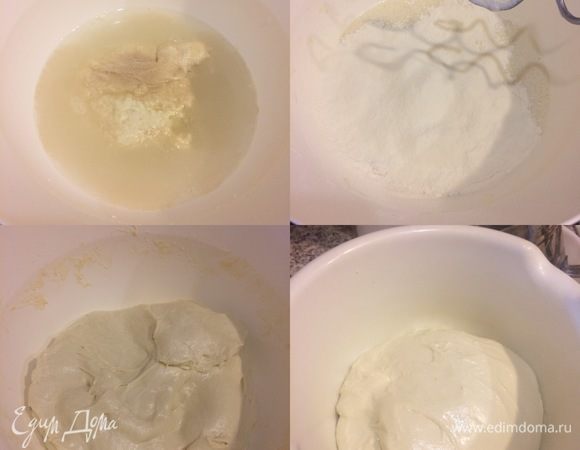 Когда опара будет готова, в миске смешать всю опару, воду, дрожжи и все хорошо перемешать миксером 3–5 минут. Муку просеять и начать постепенно добавлять в тесто, месить тесто миксером 5–7 минут сначала на средней скорости, а затем на высокой. В конце замеса добавить соль и месить миксером еще 5 минут. В конце тесто должно собраться в шар и стать очень гладким и эластичным. Миску слегка смазать маслом, положить тесто, накрыть пленкой и оставить при комнатной температуре на 2–2,5 часа.