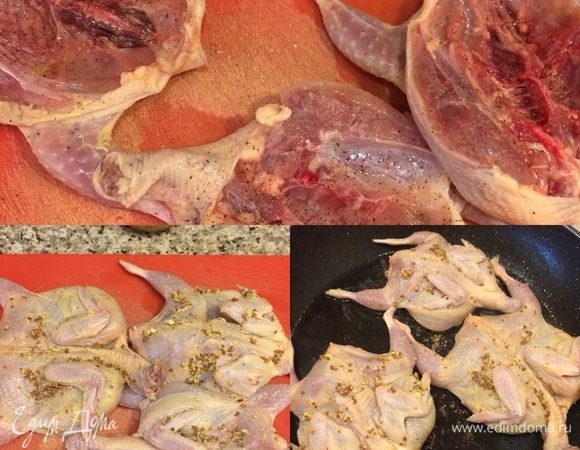 Тушки вымыть, хорошо обсушить бумажным полотенцем и натереть солью и перцем. Мягкое сливочное масло смешать с горчицей и обмазать тушки со всех сторон. В сковороде с толстым дном разогреть оливковое масло и обжарить каждую перепелку со всех сторон до румяной корочки.