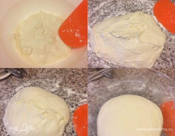 Нужно замесить нежное, слегка липнущее тесто. У меня ушло где-то 3,5 стакана муки. После того как мы ввели в тесто нужное количество муки, нам нужно хорошо вымесить тесто миксером, сначала на средней скорости, а затем на высокой. Месить надо 10-12 минут. Сначала тесто будет очень липким, а под конец оно станет гладким и начнет собираться в шар. Затем рабочую поверхность присыпаем оставшейся мукой, перекладываем тесто, складываем его методом «stretch and fold», затем формируем шар и кладем в миску, которую нужно слегка смазать растительным или оливковым маслом. Накрываем миску пленкой и ставим в теплое место 23-24°C на 2-2,5 часа.