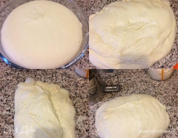 Спустя 2,5 часа мое тесто прекрасно поднялось. Рабочую поверхность опять присыпаем мукой, аккуратно перекладываем тесто, опять сворачиваем его тем же методом и кладем на расстойку швом вверх еще на 30-40 минут.