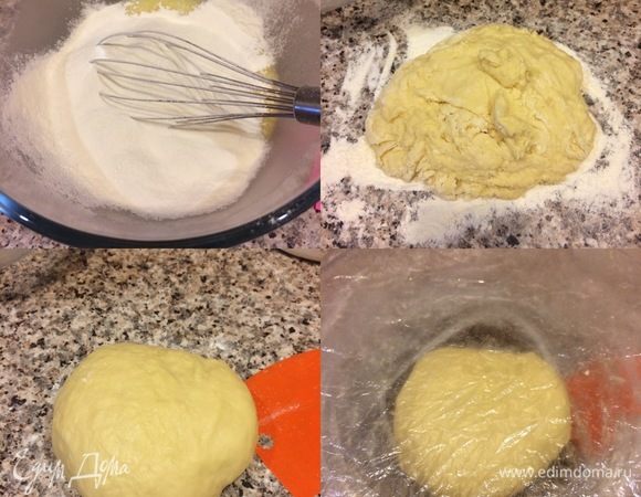 Просеять муку и начать постепенно добавлять в тесто. Замесить очень нежное тесто. Миску слегка смазать растительным маслом, положить тесто, накрыть пленкой и поставить в теплое место на 1-1,5 часа.