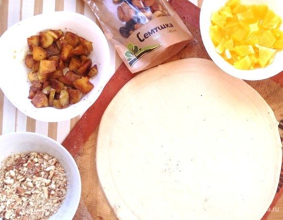 Раскатать тесто в виде круга. Поочередно выложить начинку. 