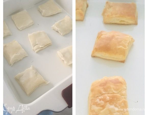 Нарезать тесто на квадраты 3х3 и поставить в разогретую духовку на 20 минут.