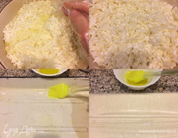 К сыру добавить белки и хорошо перемешать сырную массу руками. Противень слегка смазать оливковым маслом. Теперь начинается самое главное. Нам нужно начать выкладывать листы теста на противень и каждый лист надо будет слегка смазывать оливковым маслом, но очень важно делать это быстро, так как тесто фило моментально сохнет!