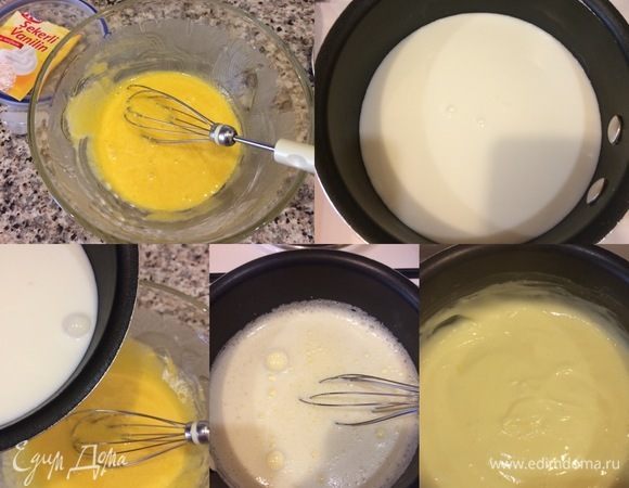 Крем. Молоко налить в сотейник и подогреть. В миске слегка взбить венчиком желтки, сахар, крахмал, ванильный сахар и муку. В яичную смесь тонкой струйкой влить горячее молоко, перемешать венчиком, поставить смесь на огонь и варить крем до загустения. Готовый крем перелить в миску, накрыть крем пленкой и остудить.