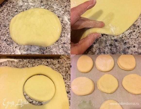 Спустя указанное время рабочую поверхность посыпать мукой, тесто обмять и раскатать. Вырезать кружочки, потом остатки теста опять раскатать, и так, пока тесто не закончится. Заготовки пончиков сложить на бумагу для выпечки, накрыть и оставить в теплом месте еще на 30–45 минут.