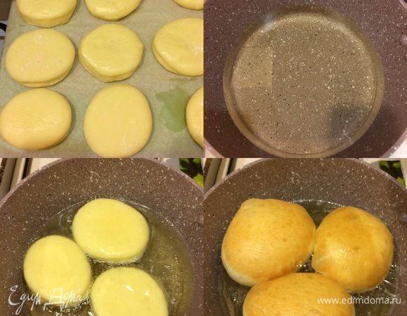 Масло налить в большой сотейник и хорошо подогреть. Опускать пончики аккуратно в горячее масло и жарить до готовности. У меня в Инстаграме есть подробное видео жарки пончиков.