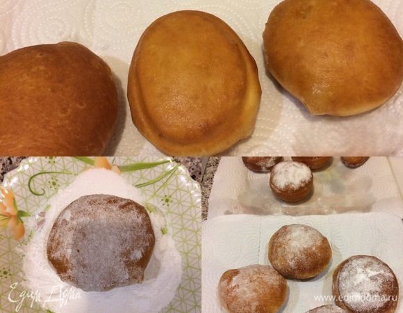 Готовые пончики сложить на салфетку, дать полежать 2–3 минутки и сразу же обвалять в сахарной пудре, а затем опять положить на салфетку.